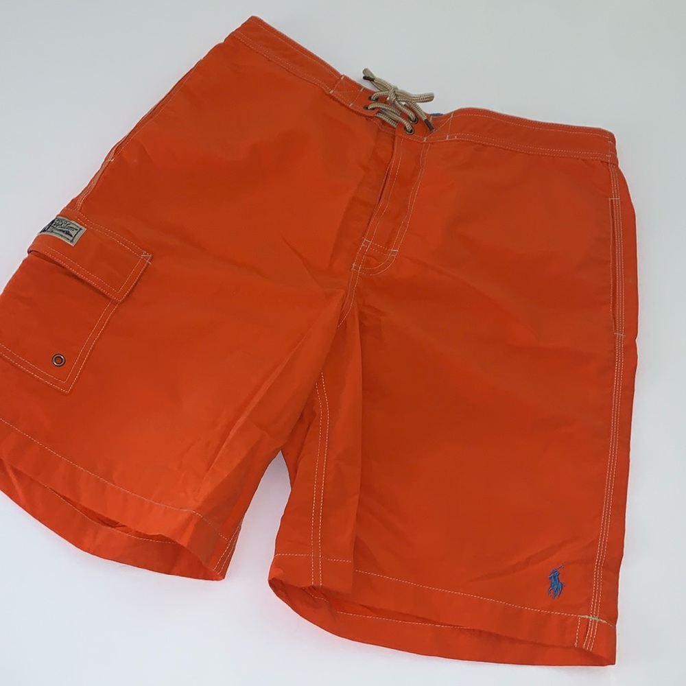 Vintage Polo Ralph Lauren Orange Swim Board Shorts Blue Pony Logo M NWOT